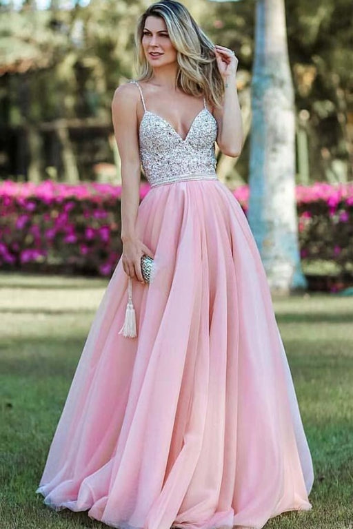 Pink Spaghetti Strap Beading Tulle Prom Sexy Backless Long Evening Dress - Prom Dresses