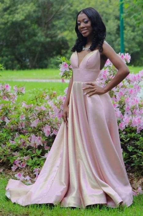 Pink Spaghetti Strap Open Back Sleeveless Floor Length Prom Dresses - Prom Dresses