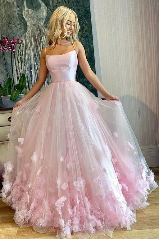Pink Spaghetti Straps Sweet 16 Prom Floor Length Tulle Formal Dress - Prom Dresses