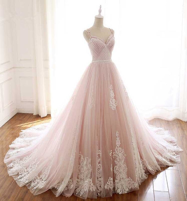 Pink Straps Tulle Prom Dress with Lace Appliques A Line Cheap Formal Dresses - Prom Dresses