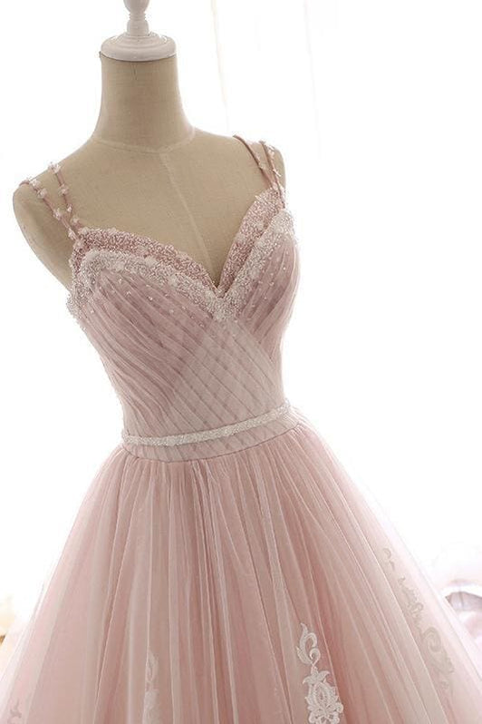 Pink Straps Tulle Simple Long Prom Dresses Cheap Bridelily