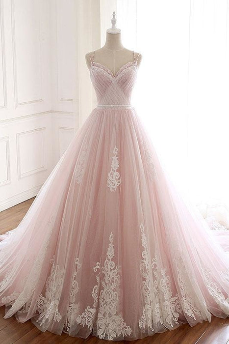 Pink Straps Tulle Prom Dress with Lace Appliques A Line Cheap Formal Dresses - Prom Dresses