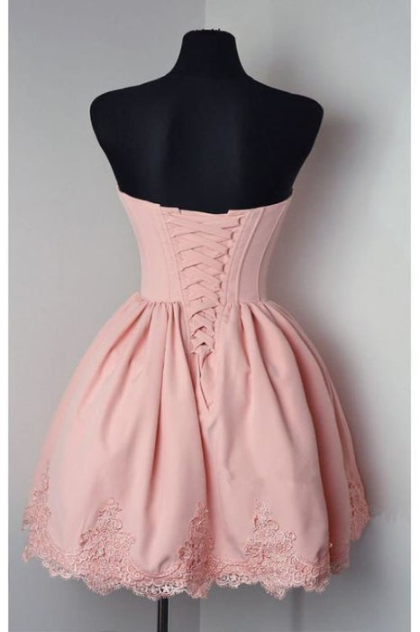 Pink Sweetheart Lace Appliques Short Graduation New Strapless Homecoming Dress - Prom Dresses