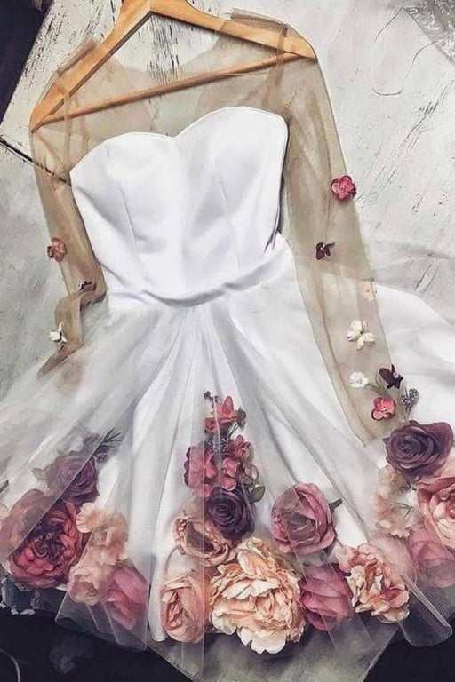 Pink V Neck 3D Applique Short Prom Long Sleeves Homecoming Dress - Prom Dresses