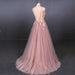 Pink V Neck Sleeveless Prom with Appliques A Line Tulle Evening Dress - Prom Dresses