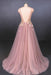 Pink V Neck Sleeveless Prom with Appliques A Line Tulle Evening Dress - Prom Dresses