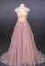 Pink V Neck Sleeveless Prom with Appliques A Line Tulle Evening Dress - Prom Dresses