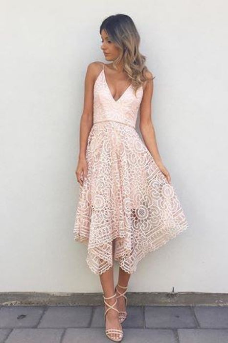 Pink V-neck Straps Tea Length Asymmetrical Lace Bridesmaid Dress - Bridesmaid Dresses