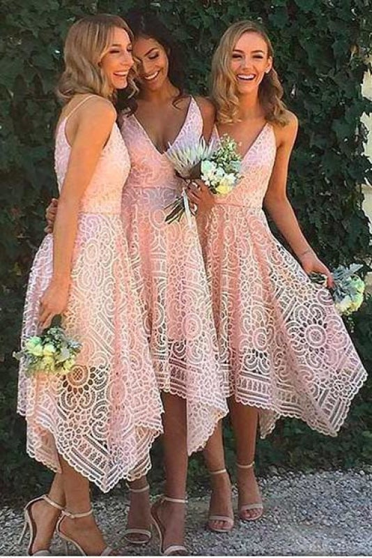 Pink V-neck Straps Tea Length Asymmetrical Lace Bridesmaid Dress - Bridesmaid Dresses