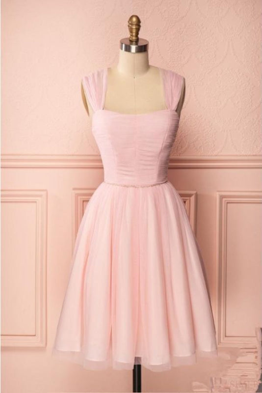 Pink Vintage Tulle Homecoming Dress Knee Length Graduation Dress-Bridelily