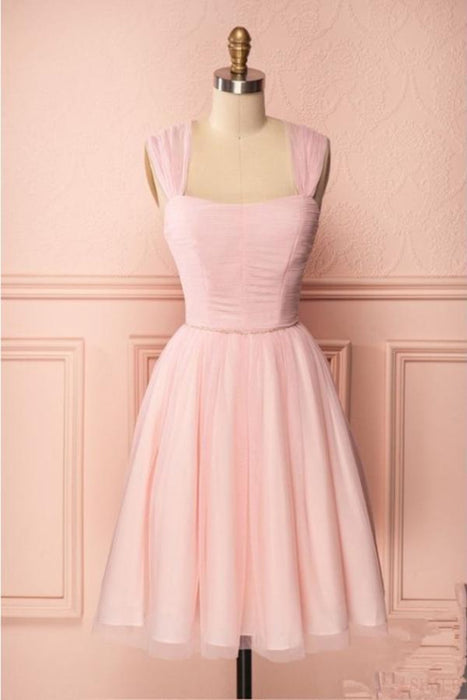 Pink Vintage Tulle Homecoming Dress Knee Length Graduation Dress-Bridelily Pink Vintage Tulle Homecoming Dress Knee Length Graduation Dress-Bridelily