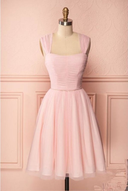 Pink Vintage Tulle Knee Length Homecoming Dress Straps Graduation Dresses - Prom Dresses