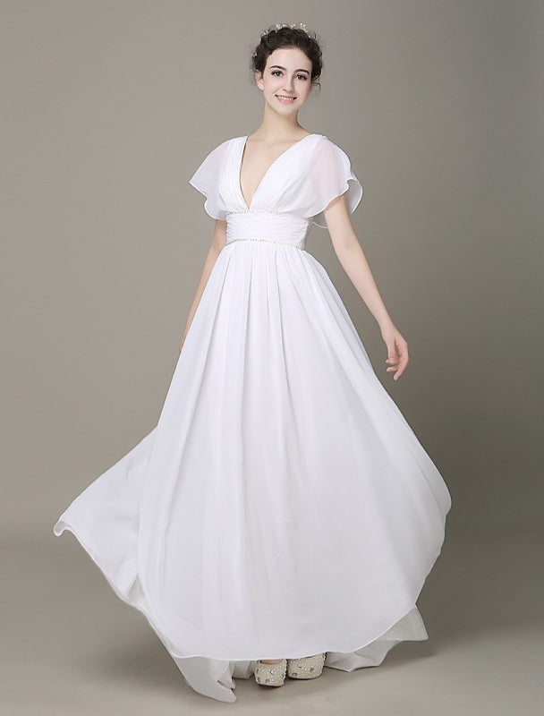 Plunging Chiffon Beach Wedding Dress A-line Ivory V-Neck Pleated Belt Short Sleeves Bridal Dress With Court Train misshow