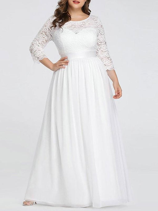 Plus Size A-line Wedding Dresses Floor-Length 3/4 Length Sleeves Lace Jewel Neck Bridal Gowns