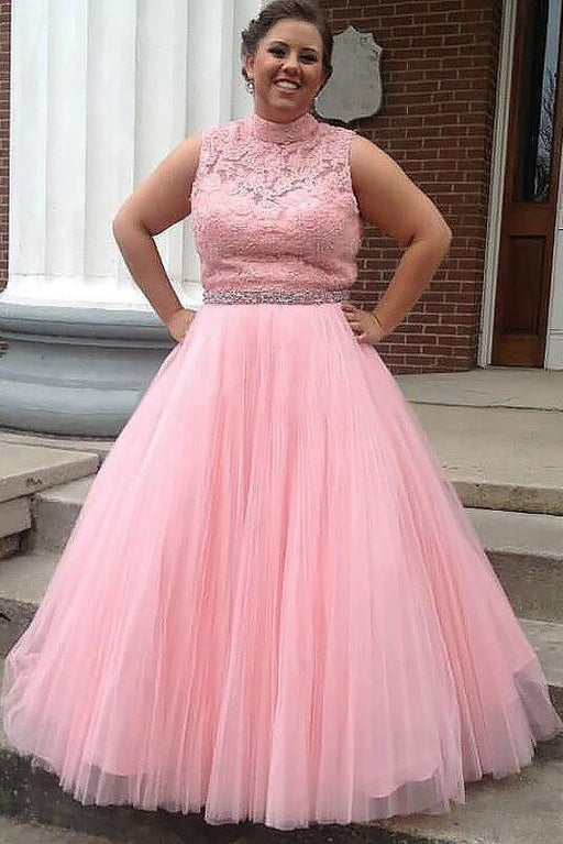 Plus Size High Neck Sleeveless Open Back Beading Waist Tulle Prom Dress with Lace Top - Prom Dresses
