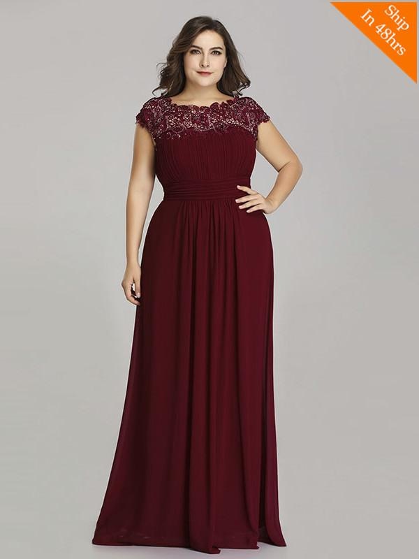Plus Size O-Neck Cap Sleeves Lace Appliques A-Line Party Dresses - Burgundy / 4 / United States - evening dresses