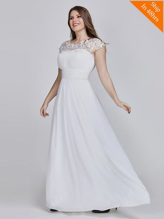 Plus Size O-Neck Cap Sleeves Lace Appliques A-Line Party Dresses - White / 4 / United States - evening dresses