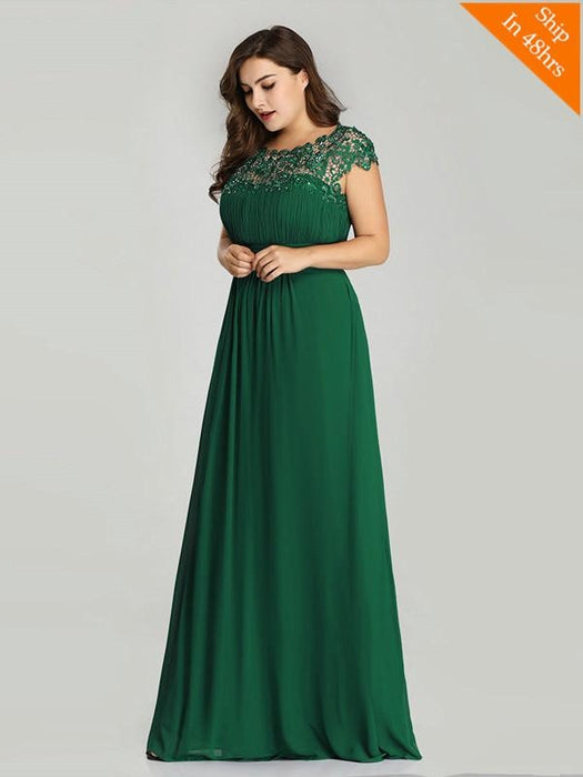 Plus Size O-Neck Cap Sleeves Lace Appliques A-Line Party Dresses - Dark Green / 4 / United States - evening dresses