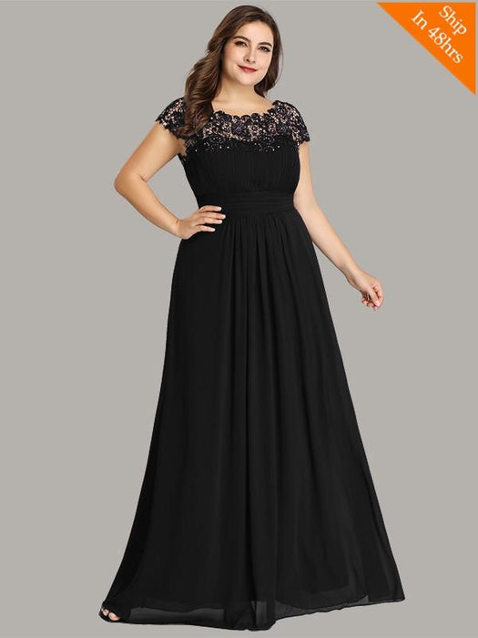 Plus Size O-Neck Cap Sleeves Lace Appliques A-Line Party Dresses - Black / 4 / United States - evening dresses