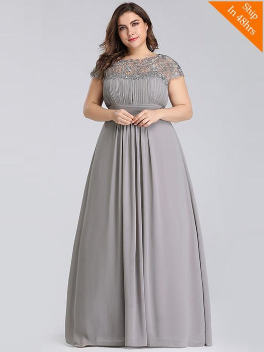 Plus Size O-Neck Cap Sleeves Lace Appliques A-Line Party Dresses - Grey / 4 / United States - evening dresses