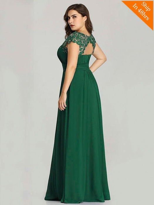 Plus Size O-Neck Cap Sleeves Lace Appliques A-Line Party Dresses - evening dresses