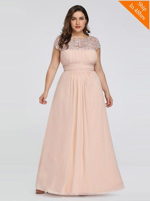 Plus Size O-Neck Cap Sleeves Lace Appliques A-Line Party Dresses - Blush / 4 / United States - evening dresses