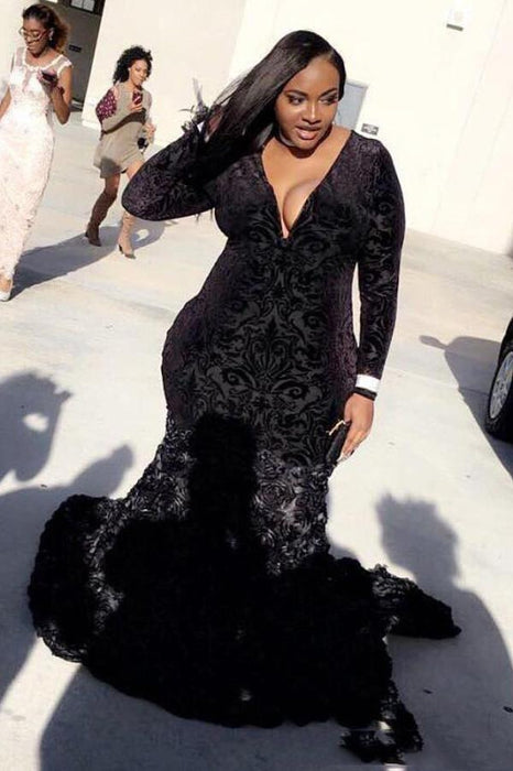 Plus Size Mermaid Prom Dress Black Lace V-Neck Long Sleeve with Flowers Bridelily Plus Size Mermaid Prom Dress Black Lace V-Neck Long Sleeve with Flowers Bridelily