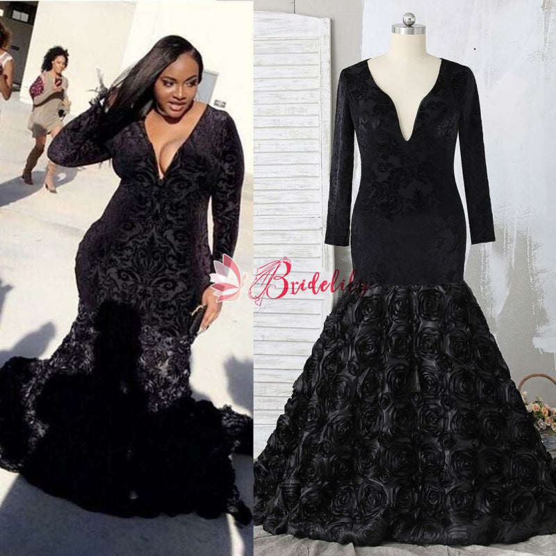 Plus Size Mermaid Prom Dress Black Lace V-Neck Long Sleeve with Flowers Bridelily Plus Size Mermaid Prom Dress Black Lace V-Neck Long Sleeve with Flowers Bridelily