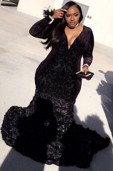 Plus Size Mermaid Prom Dress Black Lace V-Neck Long Sleeve with Flowers Bridelily Plus Size Mermaid Prom Dress Black Lace V-Neck Long Sleeve with Flowers Bridelily