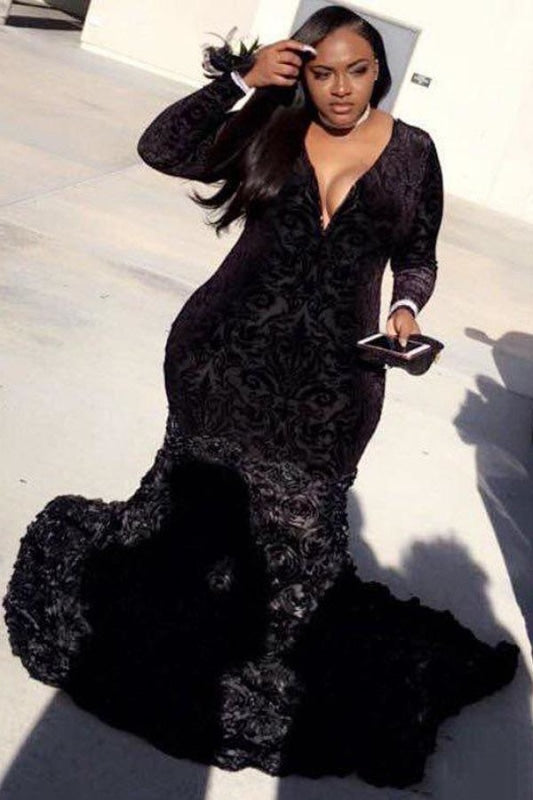 Plus Size Prom Dresses Mermaid Black Lace Plunging V Neck Long Sleeve Evening Gowns With 3D Flowers - Prom Dresses