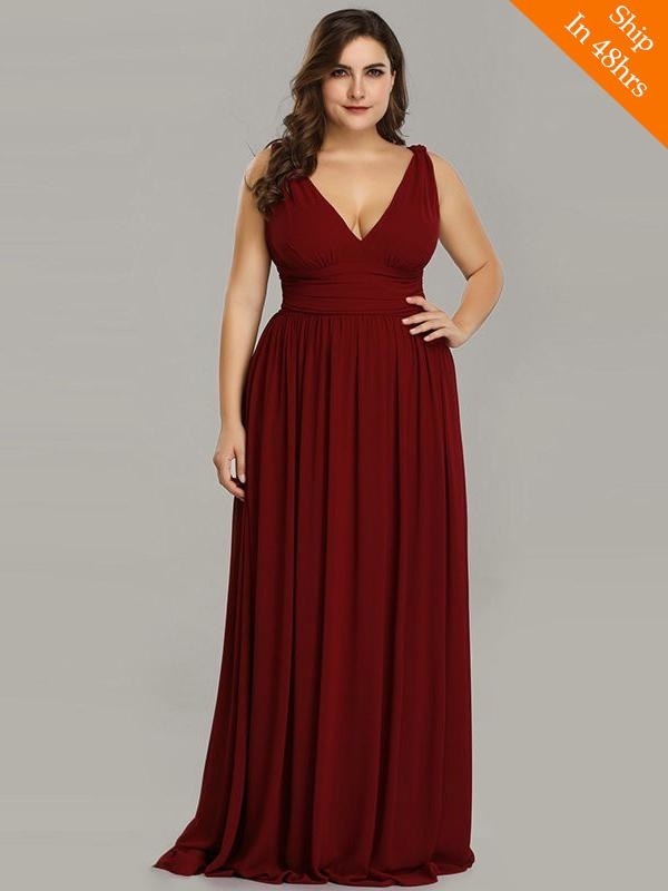 Plus Size V-Neck Backless Chiffon Party Dresses - Burgundy / 4 / United States - evening dresses