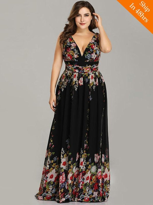 Plus Size V-Neck Backless Chiffon Party Dresses - Printed / 4 / United States - evening dresses