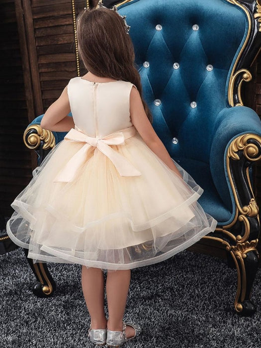 Flower Girl Dresses Jewel Neck Polyester Sleeveless Knee-Length Ball Gown Bows Kids Social Party Dresses