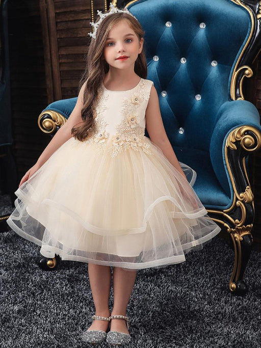 Flower Girl Dresses Jewel Neck Polyester Sleeveless Knee-Length Ball Gown Bows Kids Social Party Dresses