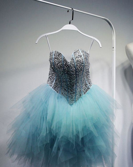 Pool Blue Sparkly Sweetheart Sequins Tulle Short Cocktail Mini Homecoming Dress - Prom Dresses