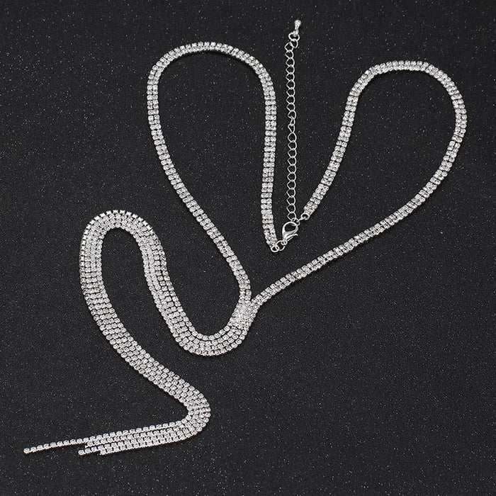 Popular 3 Row Rhinestone Long Tassels Bridal Necklaces | Bridelily - necklaces