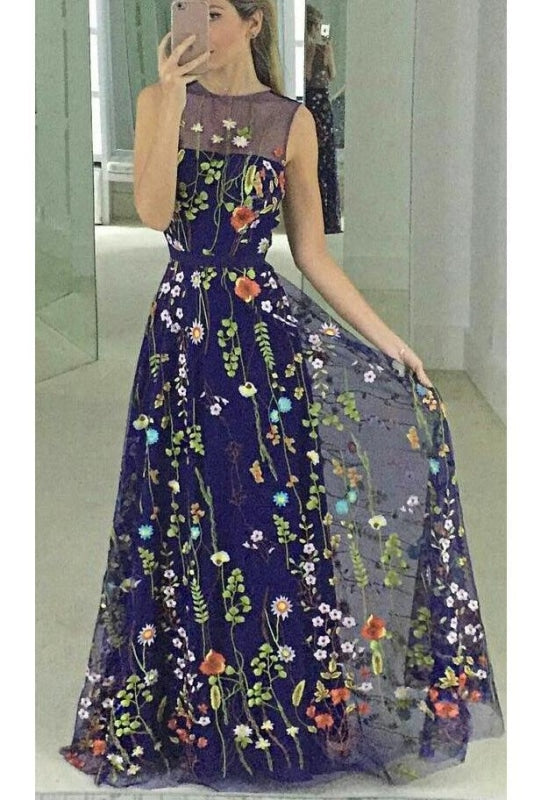 Popular Floor Length A-line Sleeveless Prom Dress with Embroidery Flowers - Prom Dresses