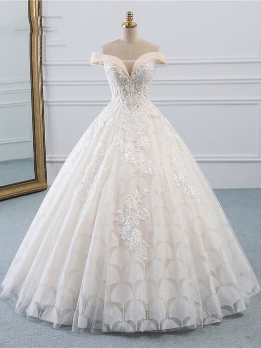 Popular Off-the-Shoulder Lace-Up Ball Gown Wedding Dresses - Ivory / Floor Length - wedding dresses