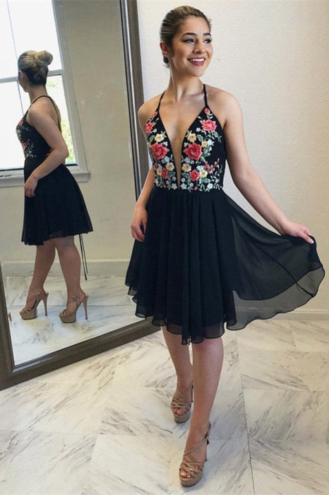 Popular Sexy Deep V-neck Spaghetti Straps Chiffon Homecoming Dresses with Appliques - Prom Dresses