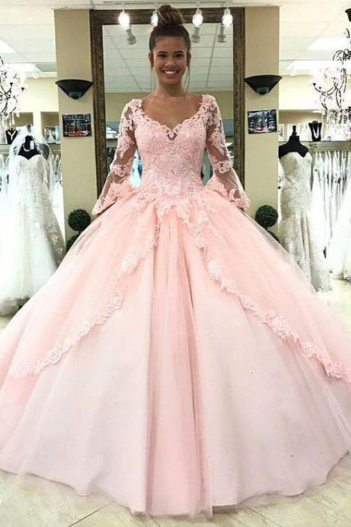 Precious Chic Glorious Puffy Sleeve Prom Dress with Lace Pink Tulle Long Quinceanera Dresses - Prom Dresses