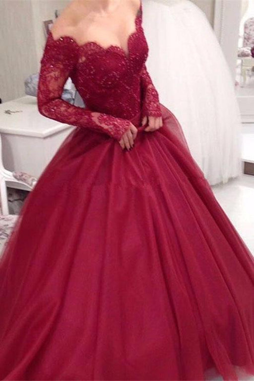 Precious Glorious Sleek Burgundy Off the Shoulder Sleeve Applique Tulle Evening Long Prom Dress - Prom Dresses