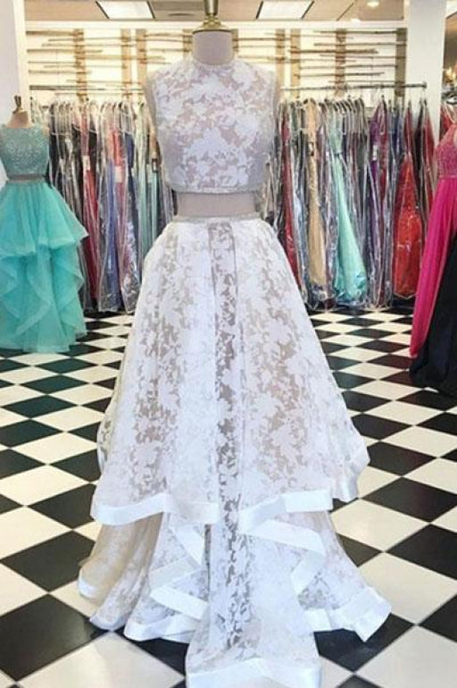 Precious Graceful Two Piece Jewel Sleeveless White Lace Long Dress Cheap New Prom Gown - Prom Dresses