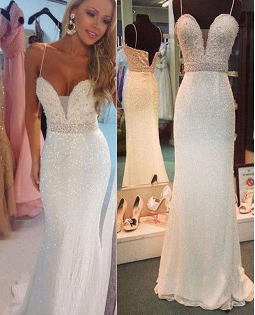 Precious Marvelous Attractive Sexy White Beaded Spaghetti Straps Mermaid Evening Party Dresses Sparkly Prom Gown - Prom Dresses