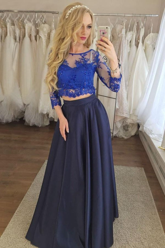 Precious Modest Chic Two Piece Navy Blue Lace Cheap Prom Dress with Sleeves - Prom Dresses