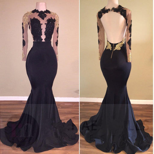 Precious Wonderful Sleek Black Mermaid Long Sleeves Gold Lace Appliques Pretty Prom Evening Gowns - Prom Dresses
