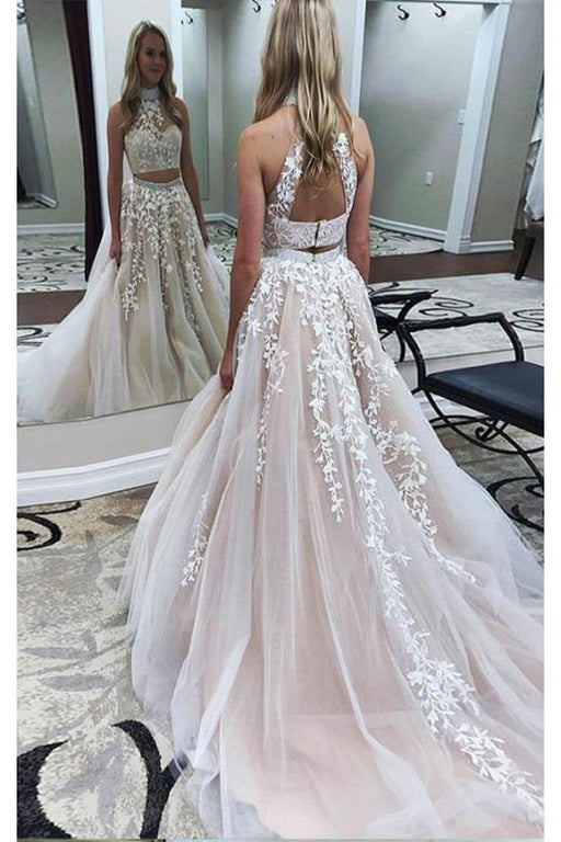 Precious Wonderful Two Piece High Neck Open Back Appliques Prom with Beads Long Formal Dress - Prom Dresses