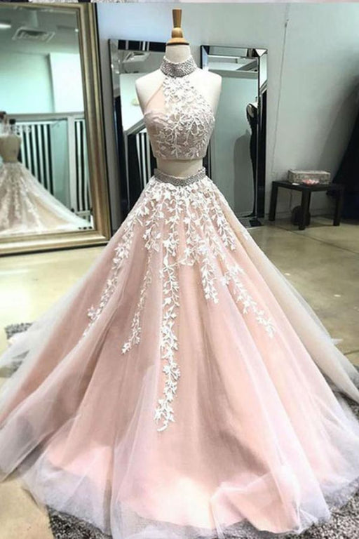 Precious Wonderful Two Piece High Neck Open Back Appliques Prom with Beads Long Formal Dress - Prom Dresses