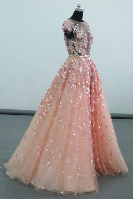 Pretty Cap Sleeves Floor Length Tulle Prom Dress with Appliques Belt - Prom Dresses
