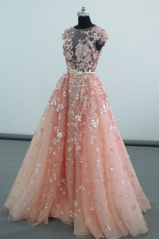 Pretty Cap Sleeves Floor Length Tulle Prom Dress with Appliques Belt - Prom Dresses