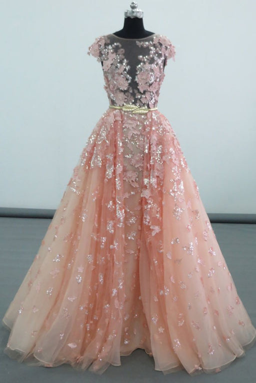 Pretty Cap Sleeves Floor Length Tulle Prom Dress with Appliques Belt - Prom Dresses